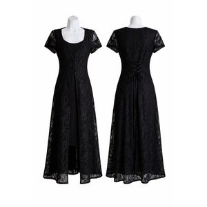 Y2K Black Sheer Lace Overlay Maxi Dress Corset Tie Back 6 Fairy Grunge Goth Vamp